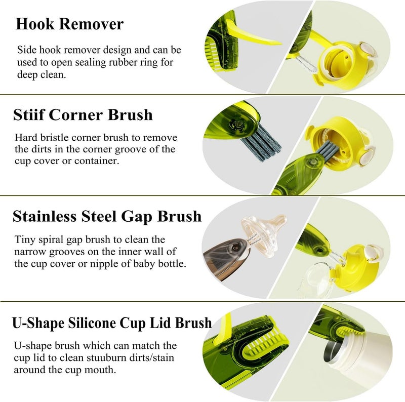 CraftinAround 4 in 1 Cup Lid Cleaning Brush Set Multifunctional Bottle Brush Cleaner Tiny Bottle Cup Lid Brush Straw Cleaner Tools Mini Silicone Bottle Cup-Holder Cleaner with Hook Remover Green + Blue - Image 2
